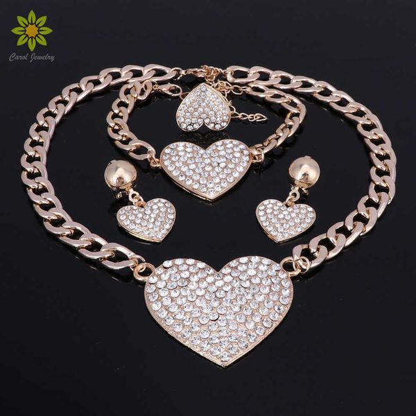 

wedding jewelry sets crystal heart pendant fashion bridal african gold color necklace earrings bracelet women sets jewelry h1022, Silver
