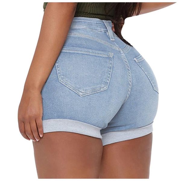 

women's jeans 2021 summer solid hip lift button high waist shorts casual party with pockets denim slim mujer, Blue