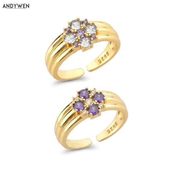 ANDYWEN 925 Sterling Silver Oro Fiore Zircone Viola Blu accendino Anello Ridimensionabile Donne Gioielleria Raffinata Regalo di Nozze 211217