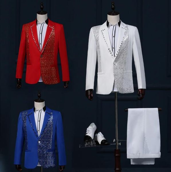 

men's suits & blazers stage clothing for men sequins suit set with pants 2021 mens wedding costume groom formal dress singer star style, White;black