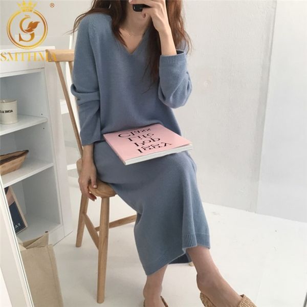 

long sweater knitted dress women spring autumn fashion rabbit hair es sleeve ladies robe 210520, Black;gray