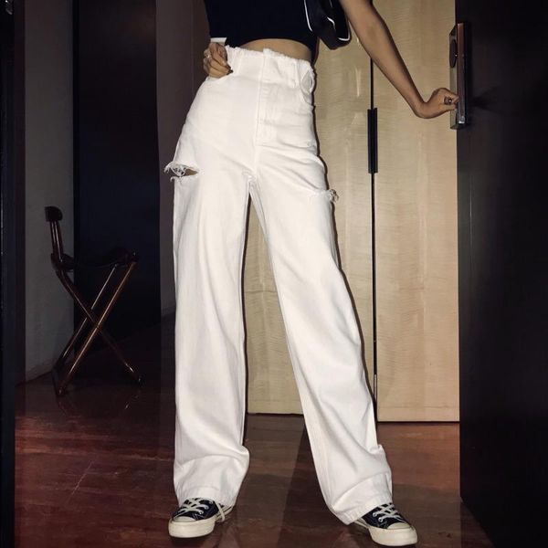 

women's pants & capris [ewq] 2021 summer fashion faded ripped skinny denim slim jeans korea high waist hole whitetrousers qv18300, Black;white