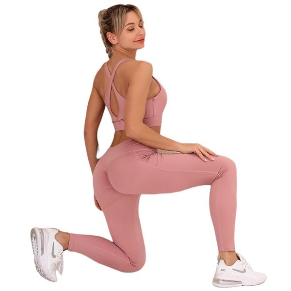 

double sided nylon back bra yoga suit women's running fitness gym clothing women 2 piece set outfit