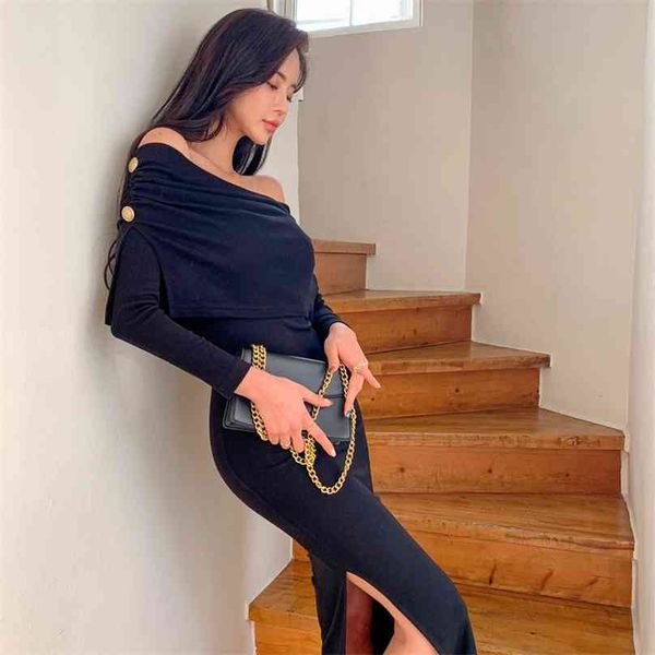 

spring han edition dress led a word cultivate one's morality knitting split package hip women 210602, Black;gray