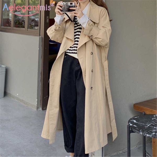 

aelegantmis vintage sashes casual long trench coat women korean double breasted female loose windbreaker ol elegant office lady 210607, Tan;black