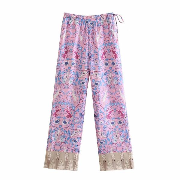 

women's pants & capris elegant pink tetom print vintage women spring autumn chic elastic waist loose patchwork flared leg trousers oute, Black;white