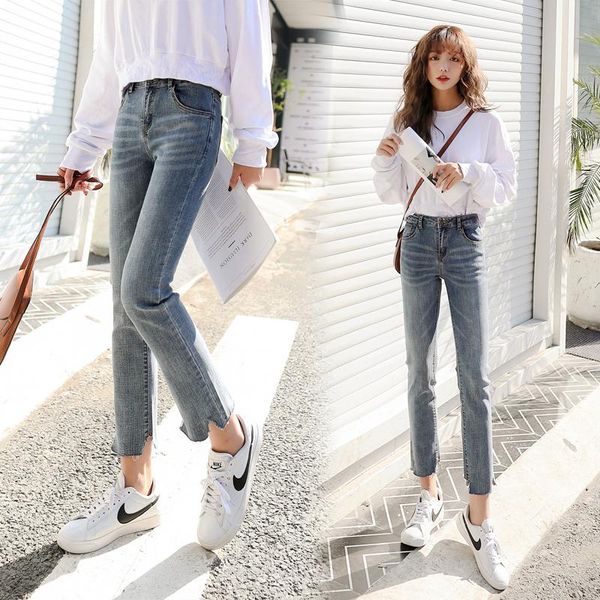 

women's jeans korean high waist for women summer fashion elegant straight pants slim was thin irregular nine points stretch ladies, Blue