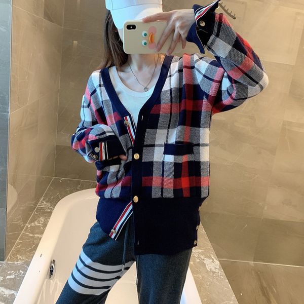 

tb contrast short women's autumn 2021 new knitted cardigan plaid sweater coat fashion couple, White;black