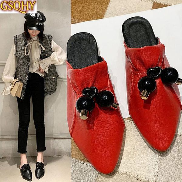 

women's pu leather slippers ladies shoes waterproof low heels fashion female slip on footwear pleated outdoor 2021 woman comfort, Black