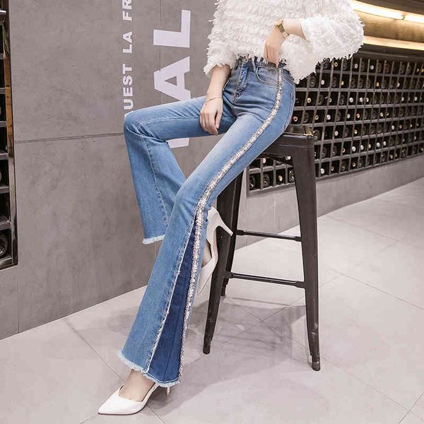 

flare jeans fashion europe style women beading skinny denim pants female jean trousers a3223 210428, Blue