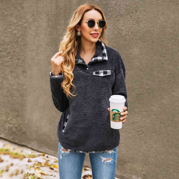 

lattice spliced pocket casual plush hoodies women winter autumn outwear zipper sweatshirt long sleeve loose pullovers 210507, Black