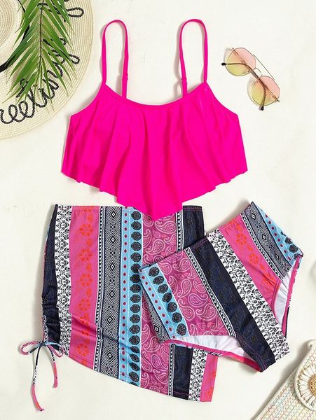 

hanky hem bikini swimsuit with paisley print beach skirt 19kf#, White;black
