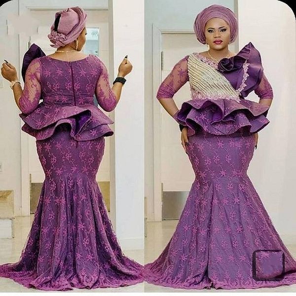 Robes de soirée sirène en dentelle violette avec manches trois quarts à plusieurs niveaux Peplum Aso Ebi robe de bal grande taille robe de soirée africaine