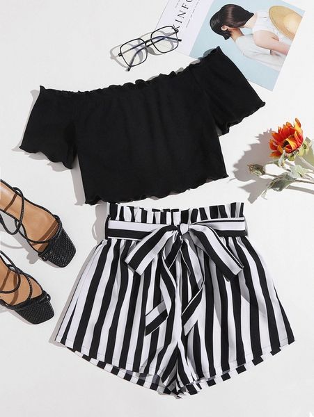 

lettuce trim bardot & paperbag waist belted striped shorts set u9gj#, White