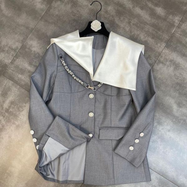 

women's suits & blazers fabpop 2021 long sleeve turn down collar single breasted buttons embroidery flares diamonds chain grey blazer w, White;black