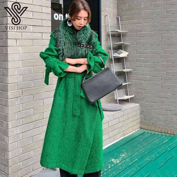 

women's fur & faux visi hop vs4302 double sided cashmere 2021 winter korean version reccoon big collar long wool luxury women overcoat, Black