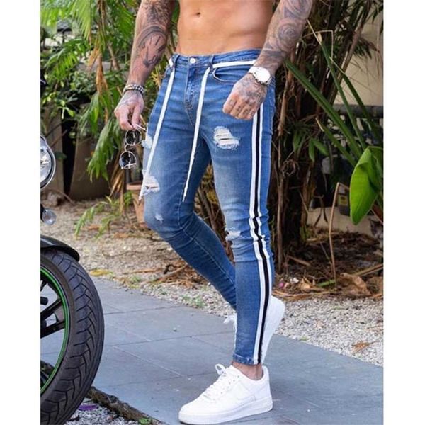 Jeans skinny da uomo alla moda Biker distrutto sfilacciato pantaloni denim strappati matita a righe laterali Hip Hop Streetwear 211111