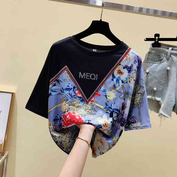 

summer women short sleeves o neck floral patchwork t-shirt ladies casual pullover tee a3254 210519, White