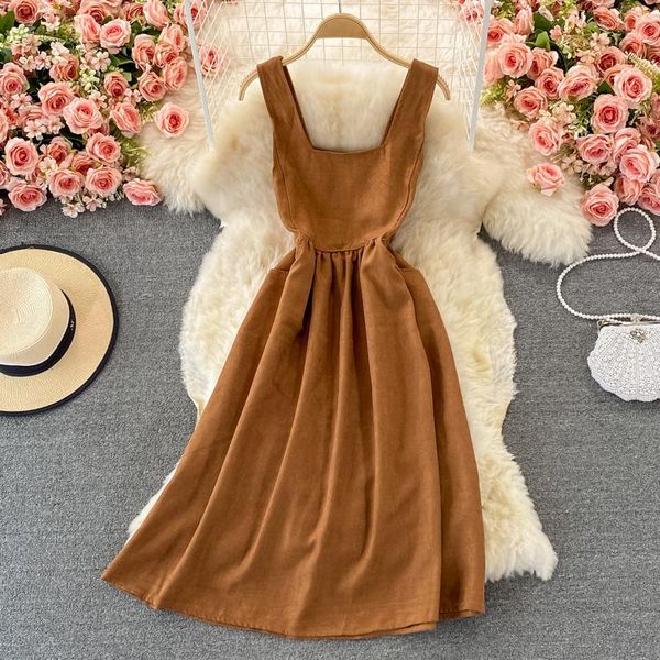 

casual dresses autumn winter college foreign style aging corduroy spaghetti strap dress leisure thin medium long knee high waist, Black;gray