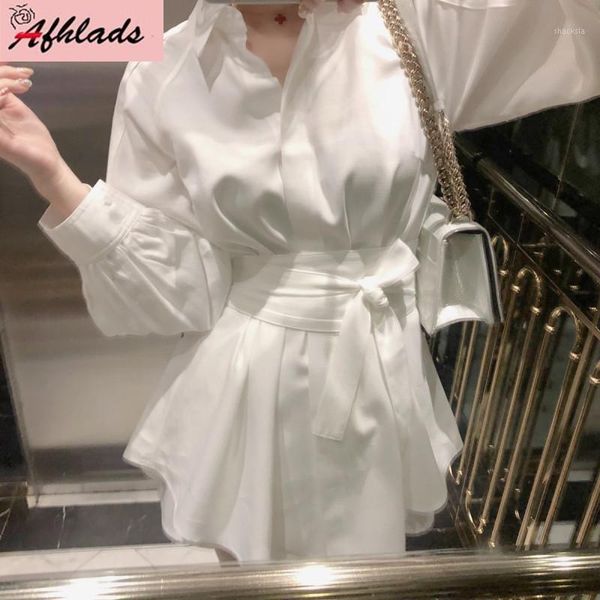 

spring and autumn fashion white casual long shirt female lantern sleeve + wide leg short pants two-piece suit with belt women's tracks, Gray