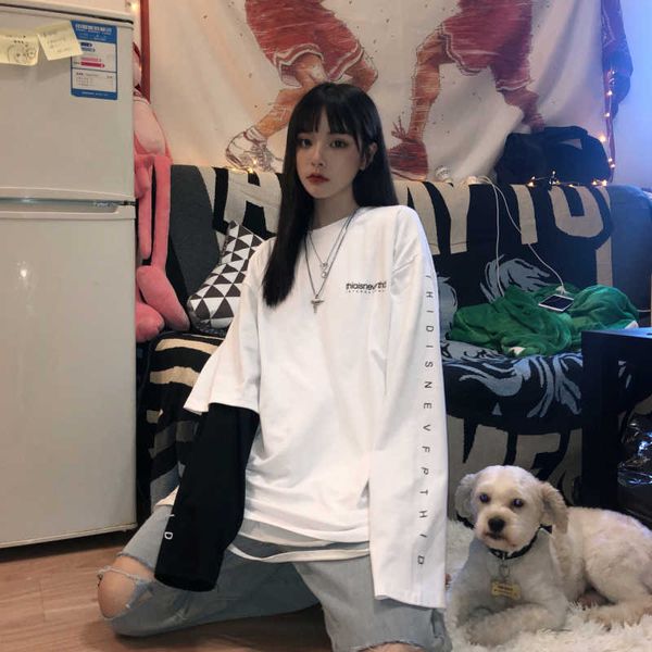 

autumn letter vintage streetwear fake two gothic hip hop harajuku female ulzzang casual o-neck punk bf tees cotton t-shirt 210608, White