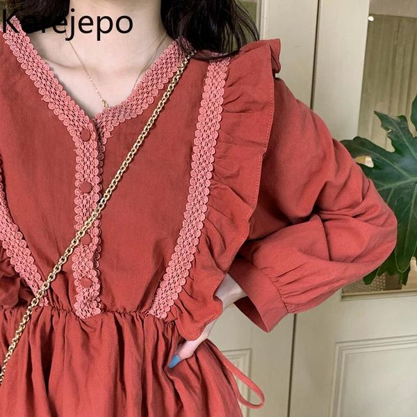 

casual dresses korejepo women dress 2021 spring and autumn retro waist thin temperament v-neck red long-sleeved ruffle knee-length, Black;gray