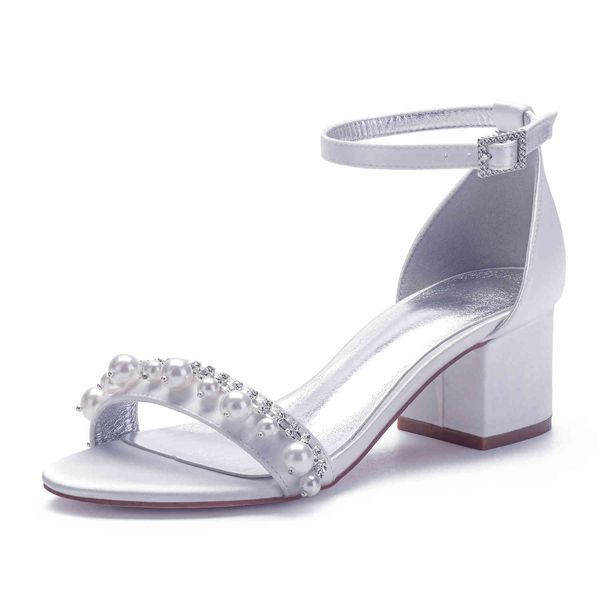

sandals mid heels satin pearl wedding shoe for bride block heel open toe prom evening formal party dress summer e1vf, Black