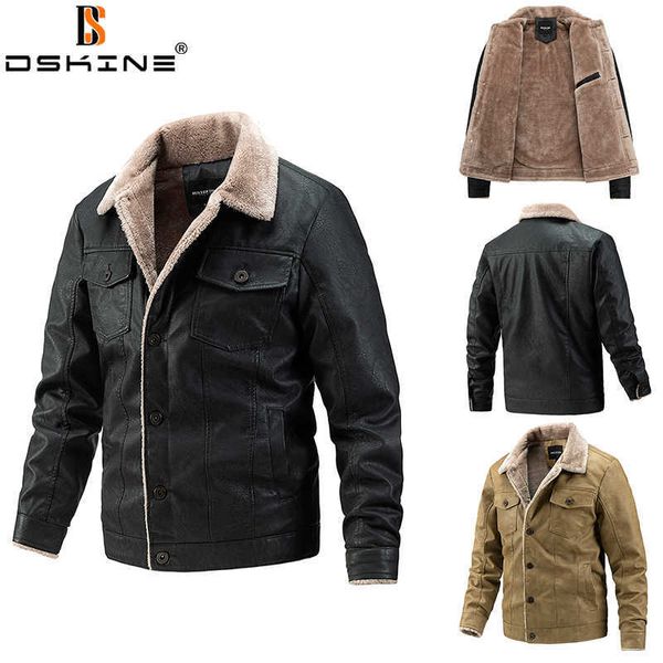 

men winter warm leather jacket brand fashion casual leather coat men slim motorcycle windproof fleece biker jacket men 211018, Black