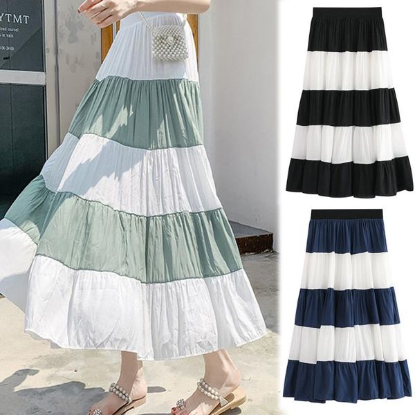 

skirts home&nest fashion womens elastic striped printing pleated long skirt casual party a-line women's summer, Black