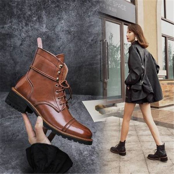 

winter women's shoes lace-up round toe middle heel boots genuine leather fashion vintage boots 210507, Black