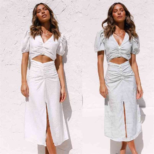 Sommer Sexy V-ausschnitt Aushöhlen frauen Collage Mode Maxi Kleid Damen Weiß Puff Sleeve Split Lange Vestido De mujer 210517