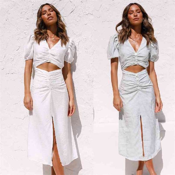 

summer v neck hollow out women's collage fashion maxi dress ladies white puff sleeve split long vestido de mujer 210517, Black;gray