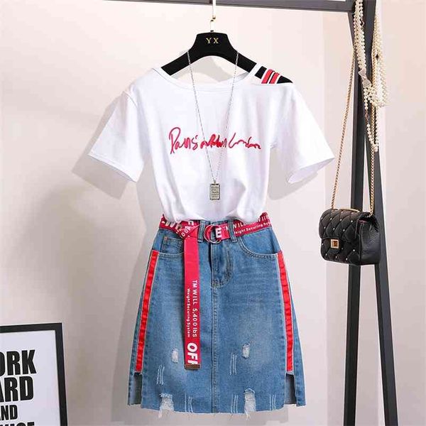 

summer women shoulder letter t-shirt + denim skirt 2 pcs sets female fashion suits a209 210519, White