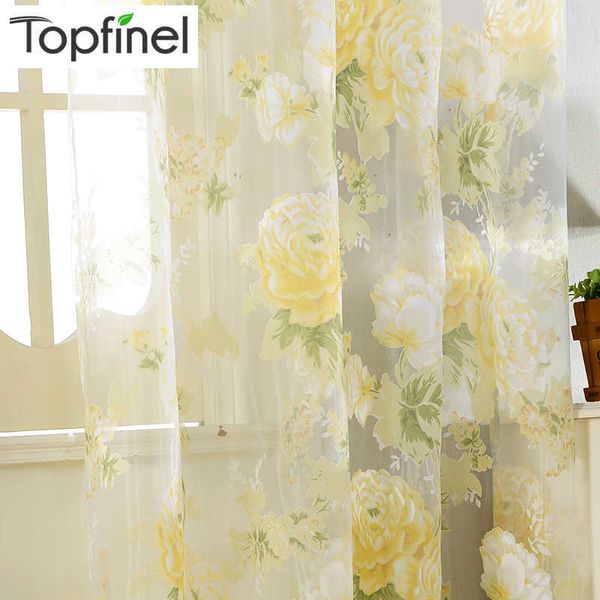 Topfinel Gelbe Blumen-Rosen-Druck-Tüllvorhänge für Fenster, elegantes Garn für Wohnzimmer, Schlafzimmer, Küche, Türvorhang, Vorhänge 210712