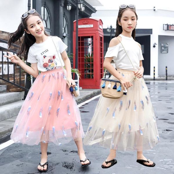 

skirts tutu skirt for baby girl chiffon princess long girls embroidery feather costume korean kids clothes mother daughter, Blue