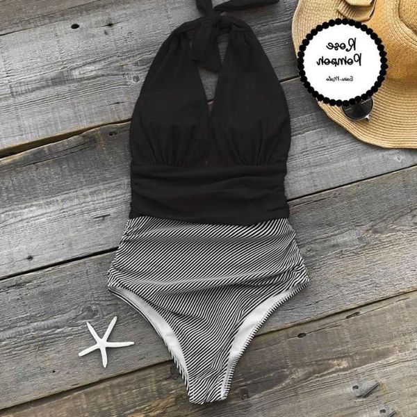 

open back one-piece swimsuit printed high waist large bikini deep v cover belly, White;black