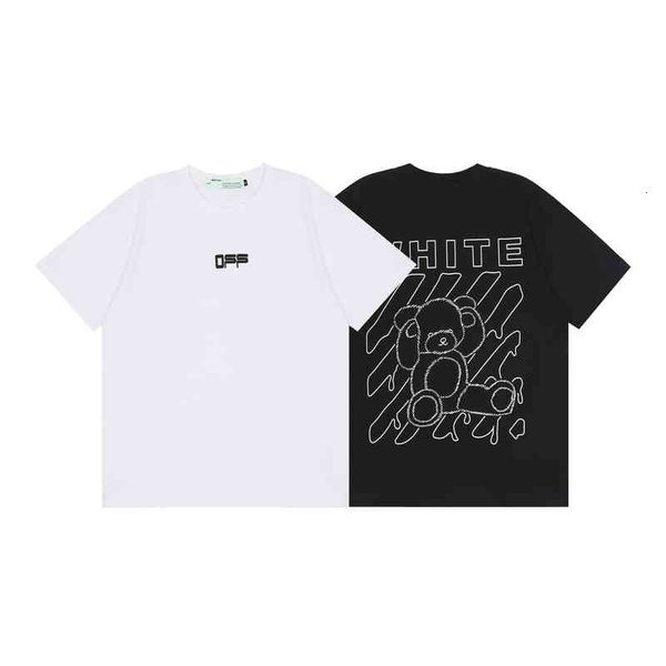 

off-w new fashion summer brand cartoon bear print men's and women's casual short sleeve t-shirt, White;black
