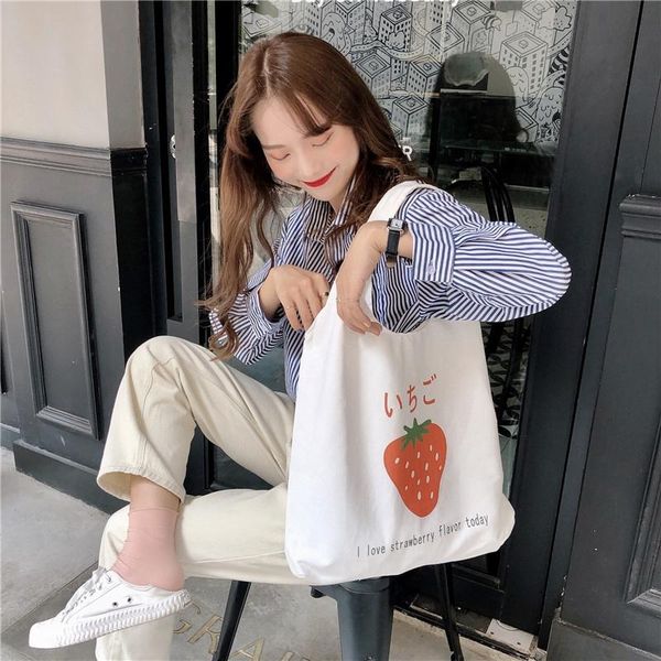 

storage bags strawberry shopping bag graphic tote harajuku shopper women canvas shoulder female ulzzang funny eco large-capacity