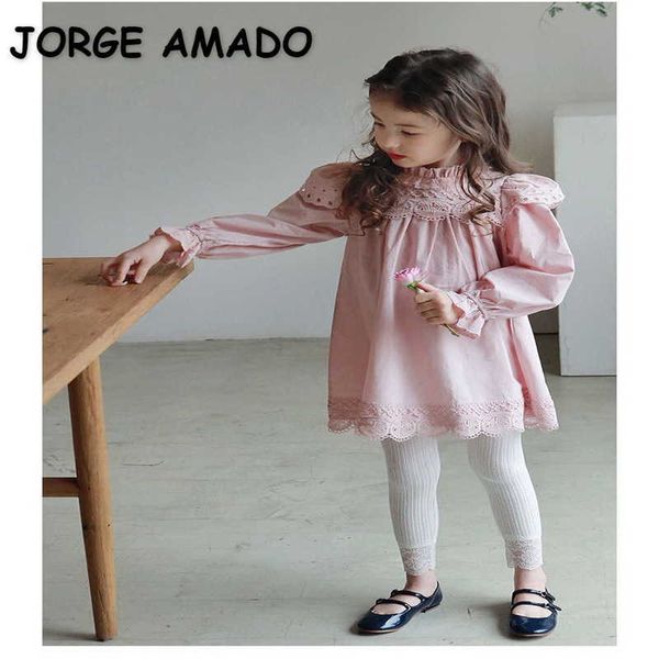 Estilo coreano primavera meninas vestido cor sólida renda colarinho princesa vestidos crianças roupas doces e695 210610