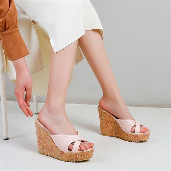 

women summer modern slippers wedge high heels 12cm outside party date daily slides platform shoes plus size 34-43, Black