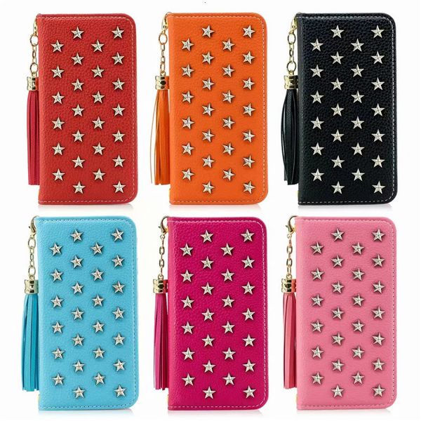 

cases cell phone sets suitable for iphone 12 promax tassel five pointed star rivet leather cover flip insert card mirror wallet protective