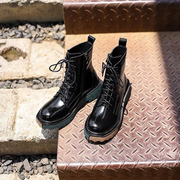 

boots osunlina 2021 fashion ankle patent leather round toe square heels zipper lace up comfortable short autumn winter, Black