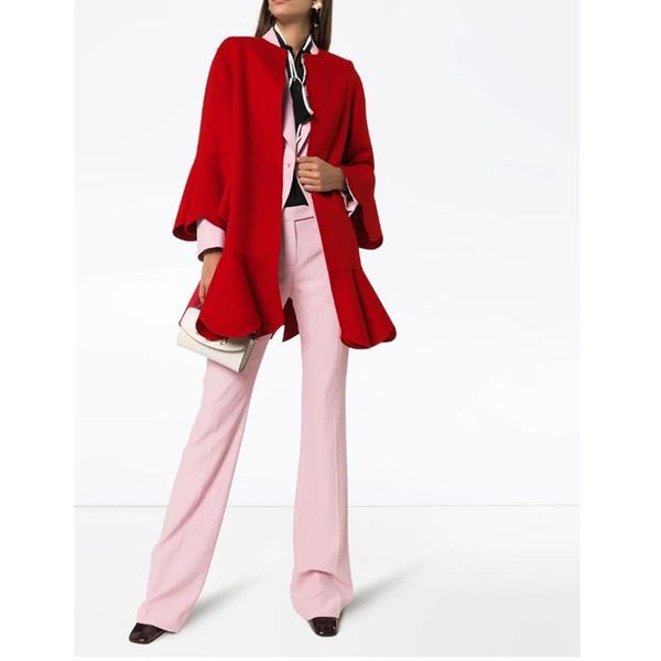 

women's wool & blends red elegant round-neck ruffle bottom streetwear fashion long plus size blended coat for female 2021 autumn winter, Black