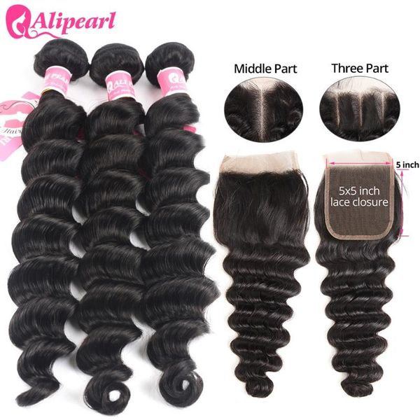 

human hair bulks loose deep wave bundles with 5x5 closure part brazilian 3 remy extension alipearl, Black
