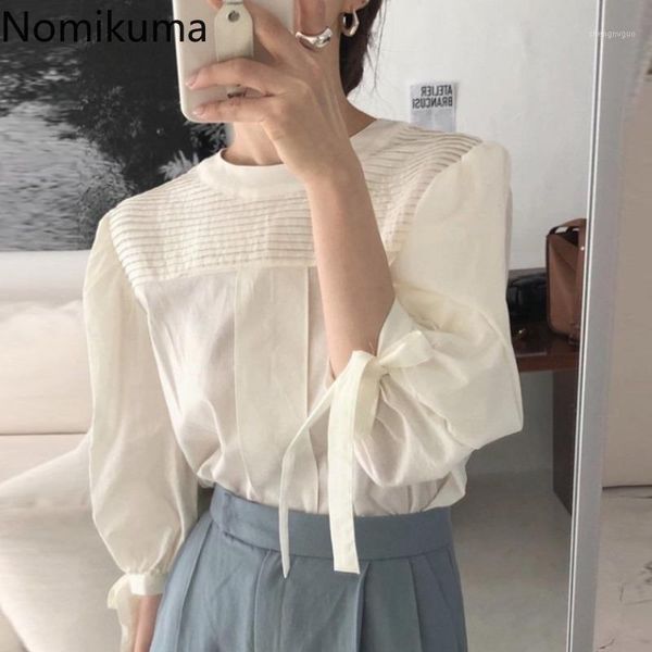 

women's blouses & shirts nomikuma korean chic blouse women solid color o neck long sleeve lace up loose casual all-match vintage blusa, White