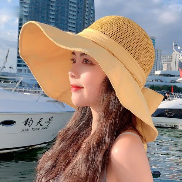 

wide brim hats sun hat female spring and summer knitted head stitching outdoor sunscreen fisherman for women, Blue;gray