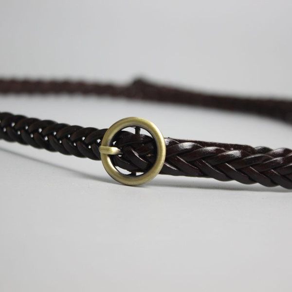 

Woven Thin Belt Double Loop Knotted Decoration Casual Ladies Leather Skirt Sweater Waist Chain Autumn Belts, Black;brown