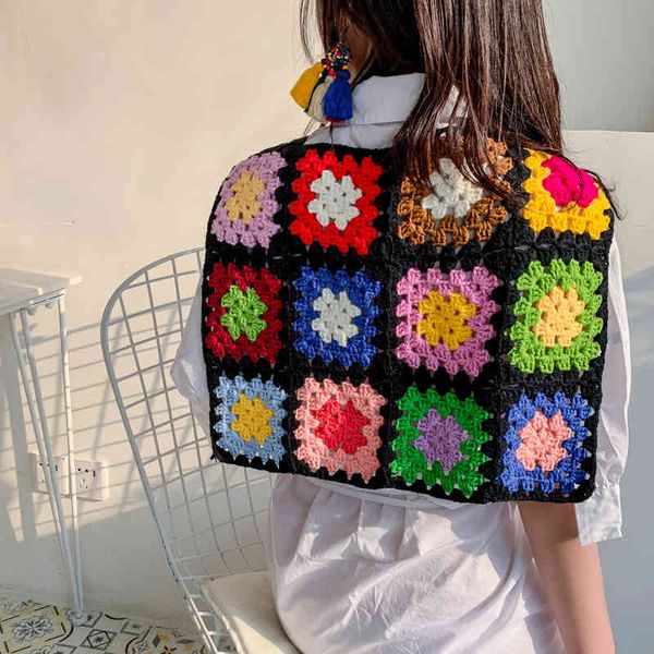 

jacket customize handmade crochet flower hollow ethnic color knitted braided shawl scarf geometric weave, Black;brown