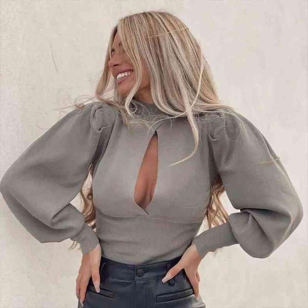 

autumn winter women knit sweater long puff sleeve hollow chest casual fashion chic woman sweaters pullover, White;black