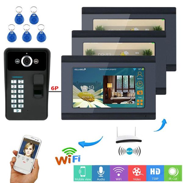 

7" 3 monitors wired / wireless wifi fingerprint rfid password video door phone doorbell intercom entry system phones